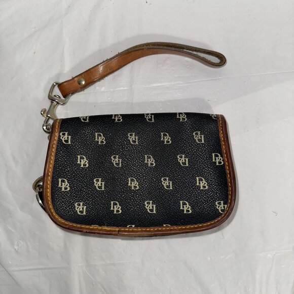 Dooney & Bourke Black & Tan Monogram Small Wristlet Purse Leather Strap - Picture 4 of 6